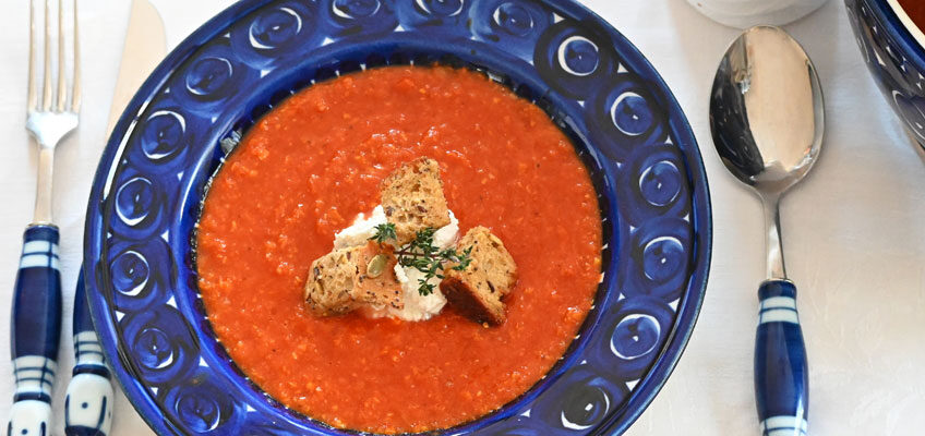 Tomato Corn Soup with Basil and Chèvre